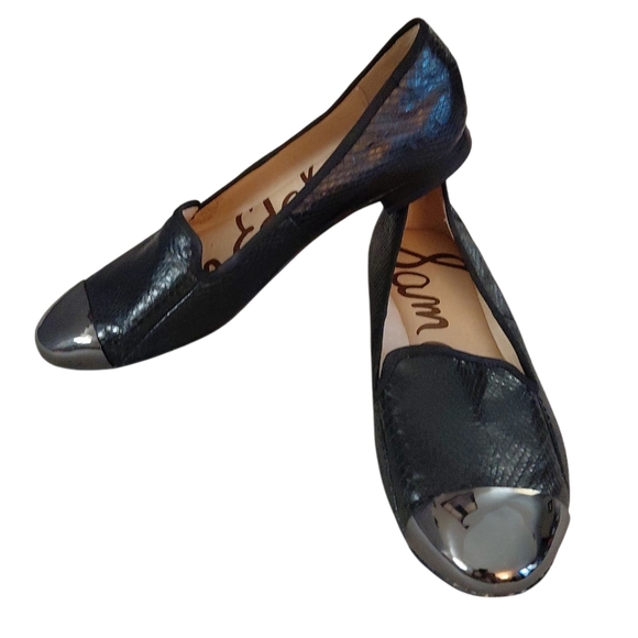 Sam Edelman Aster Black Snakeskin Metallic Cap Toe Flats Size 6.5 - Picture 1 of 10